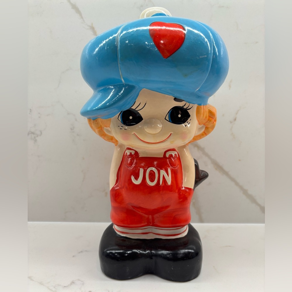 Vintage Rune Naito Ceramic Piggy Coin Bank JON Blue Hat Heart Red Overalls RARE
